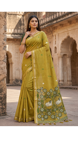 Olive Color Meenakari Zari Weawing Border Work Cotton Saree  1