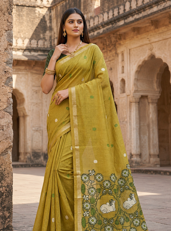 Olive Color Meenakari Zari Weawing Border Work Cotton Saree 