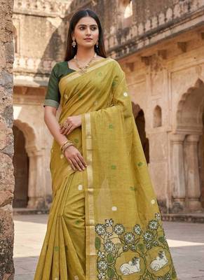 Olive Color Meenakari Zari Weawing Border Work Cotton Saree  2