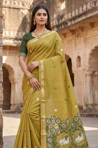 Olive Color Meenakari Zari Weawing Border Work Cotton Saree 