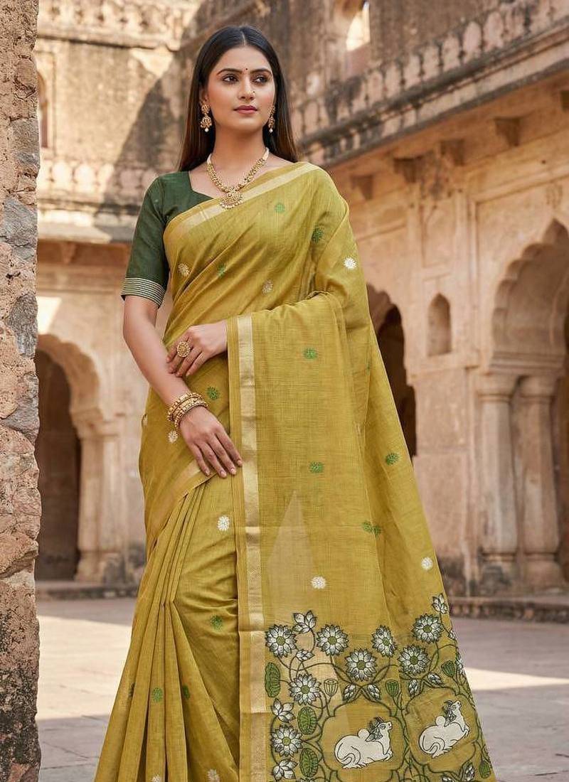 Olive Color Meenakari Zari Weawing Border Work Cotton Saree 