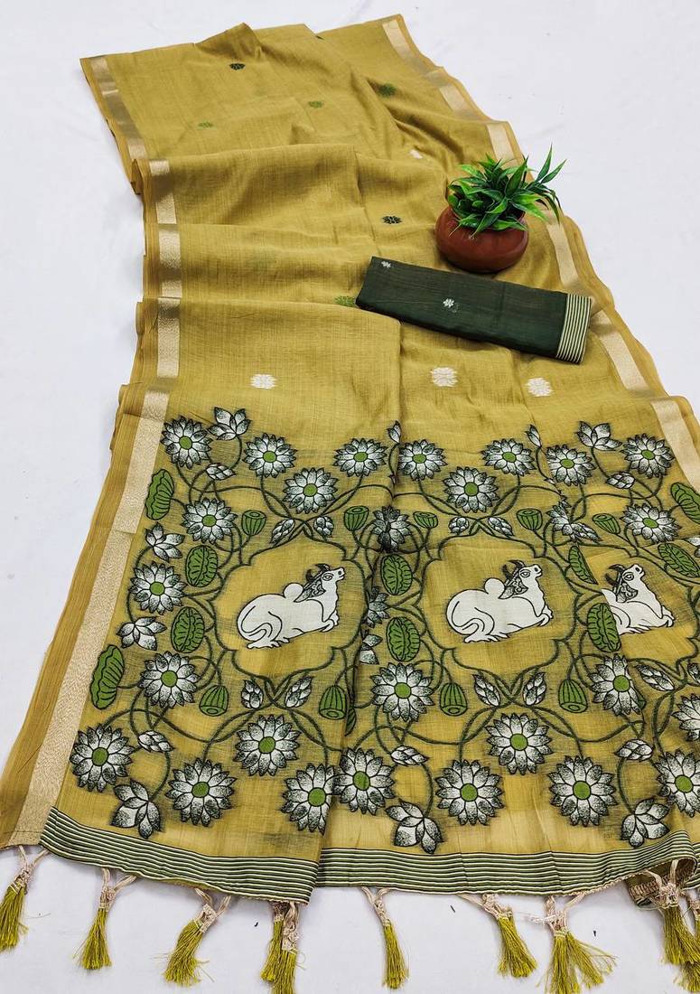 Olive Color Meenakari Zari Weawing Border Work Cotton Saree 