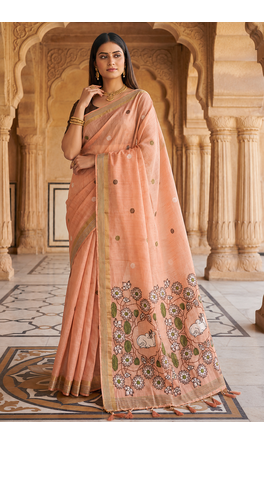 Peach Color Meenakari Zari Weawing Border Work Cotton Saree  1