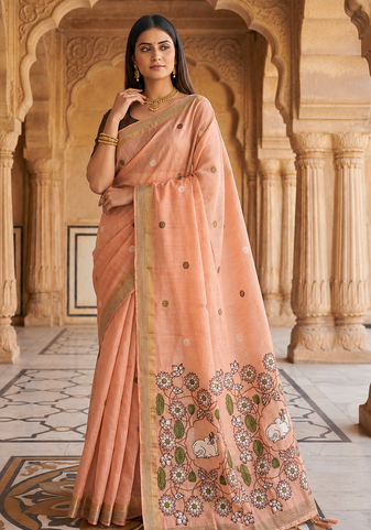 Peach Color Meenakari Zari Weawing Border Work Cotton Saree 