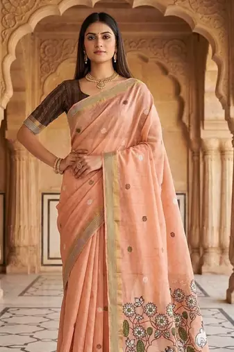 Peach Color Meenakari Zari Weawing Border Work Cotton Saree 