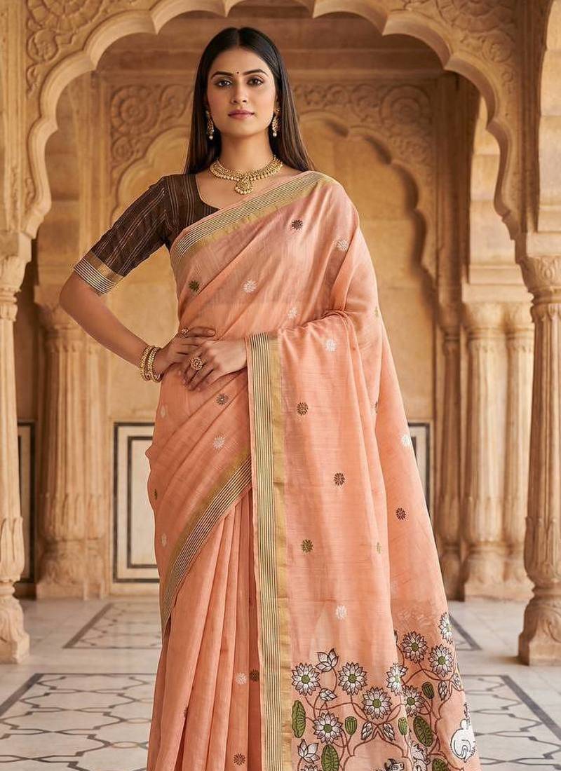 Peach Color Meenakari Zari Weawing Border Work Cotton Saree 