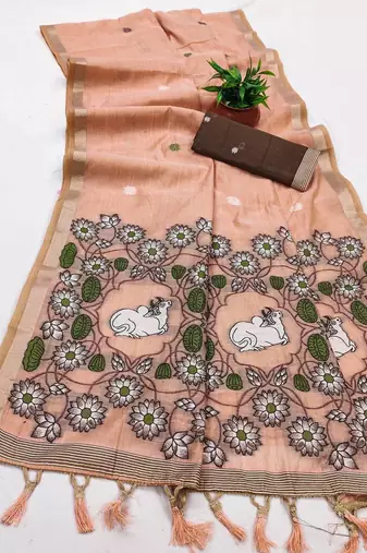 Peach Color Meenakari Zari Weawing Border Work Cotton Saree 
