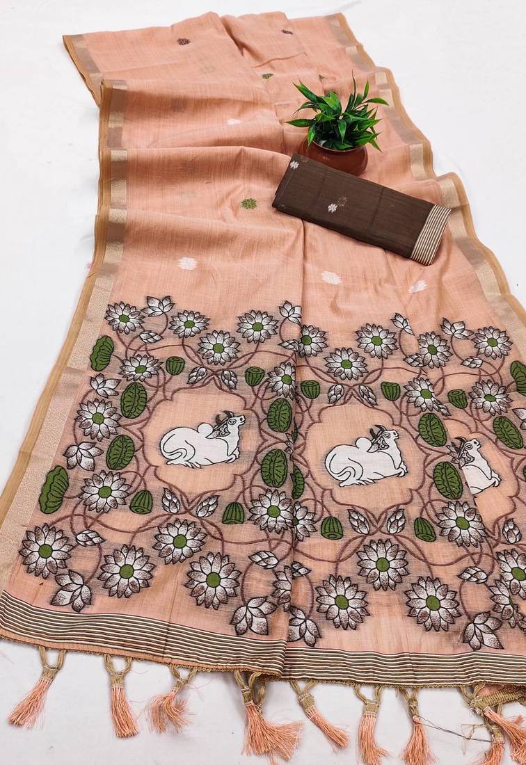 Peach Color Meenakari Zari Weawing Border Work Cotton Saree 