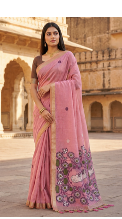 Pink Color Meenakari Zari Weawing Border Work Cotton Saree  1