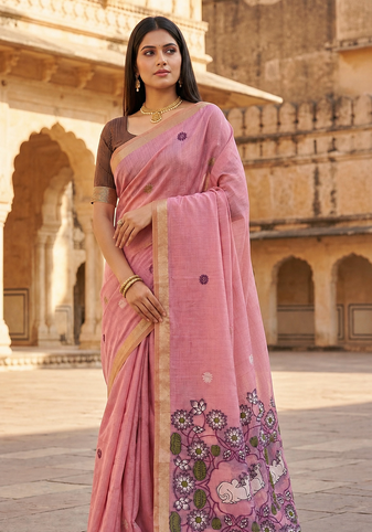 Pink Color Meenakari Zari Weawing Border Work Cotton Saree 