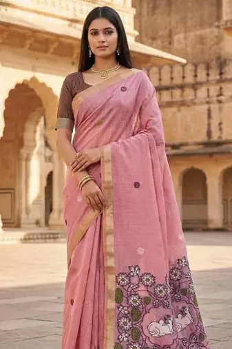 Pink Color Meenakari Zari Weawing Border Work Cotton Saree 
