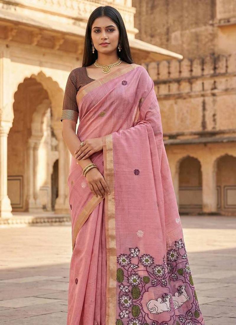 Pink Color Meenakari Zari Weawing Border Work Cotton Saree 