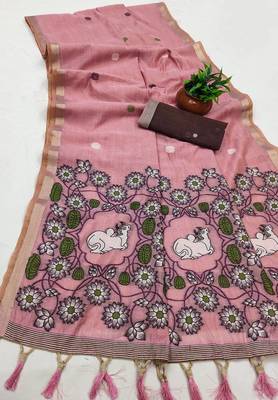 Pink Color Meenakari Zari Weawing Border Work Cotton Saree  3