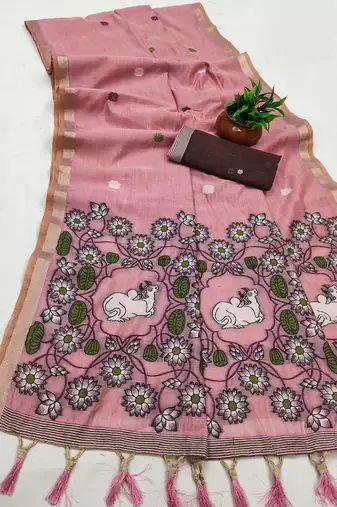 Pink Color Meenakari Zari Weawing Border Work Cotton Saree 