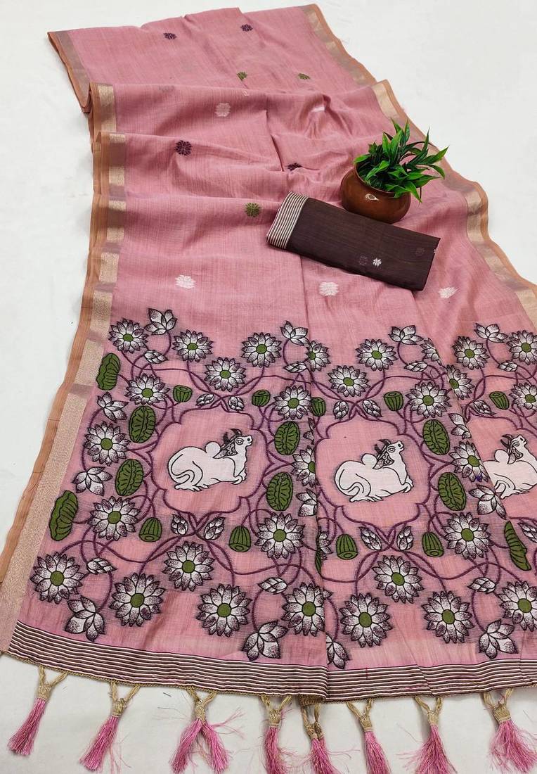 Pink Color Meenakari Zari Weawing Border Work Cotton Saree 