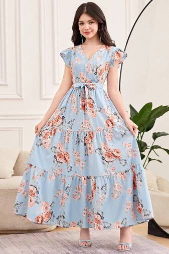 Sky blue floral print georgette tiered maxi dress