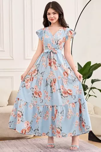 Sky blue floral print georgette tiered maxi dress