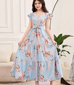 Sky blue floral print georgette tiered maxi dress