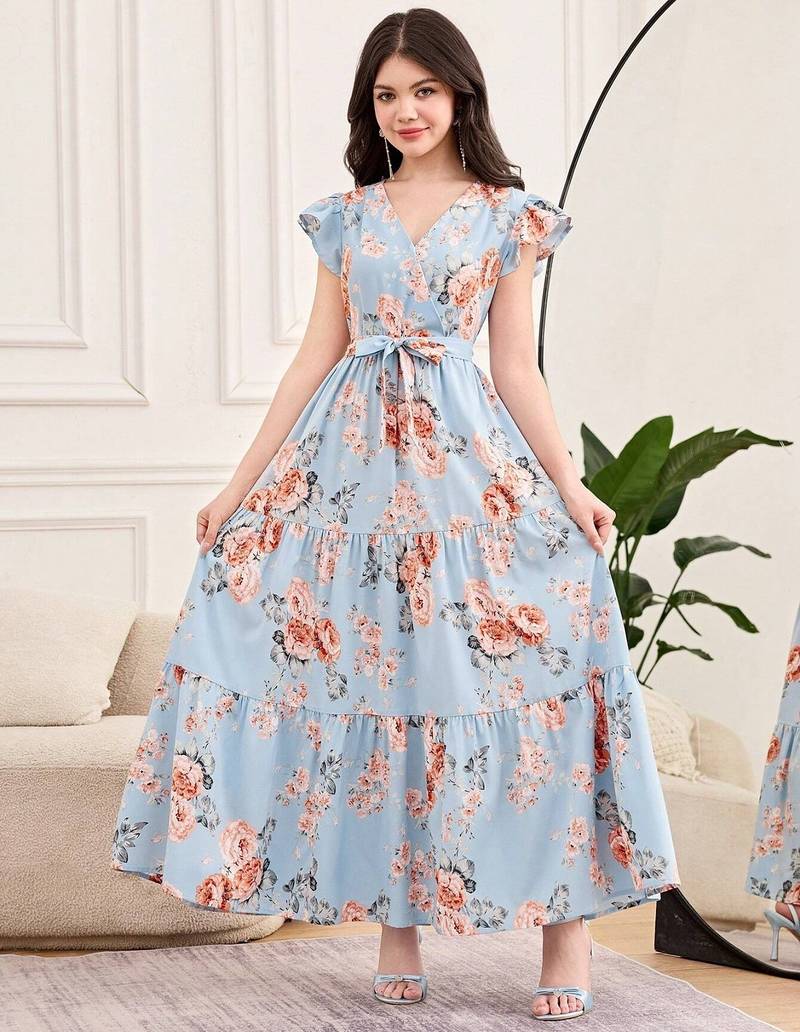 Sky blue floral print georgette tiered maxi dress