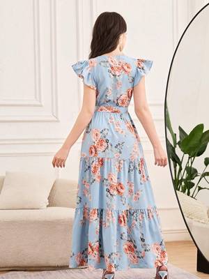 Sky blue floral print georgette tiered maxi dress 2