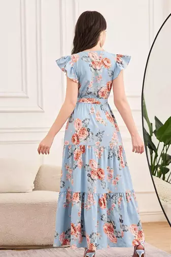 Sky blue floral print georgette tiered maxi dress