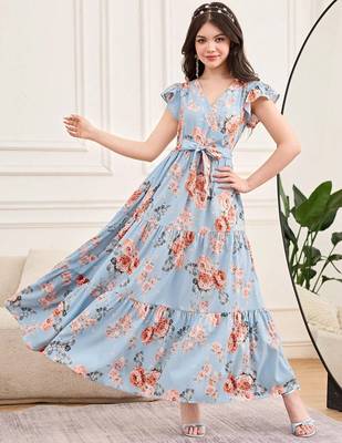 Sky blue floral print georgette tiered maxi dress 3