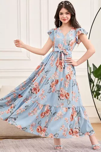Sky blue floral print georgette tiered maxi dress