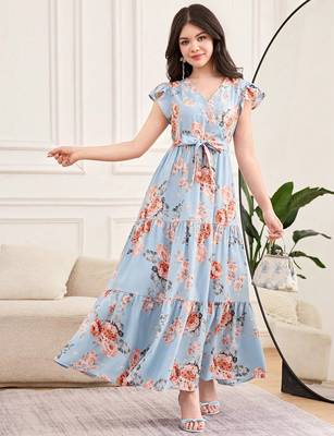 Sky blue floral print georgette tiered maxi dress 4