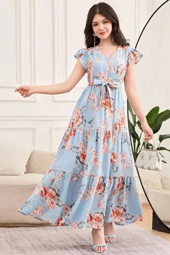 Sky blue floral print georgette tiered maxi dress