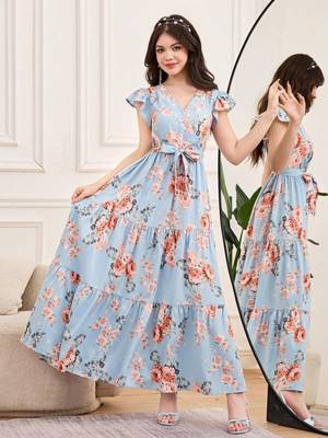 Sky blue floral print georgette tiered maxi dress 5