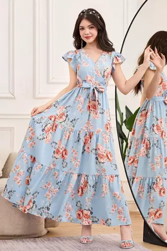 Sky blue floral print georgette tiered maxi dress