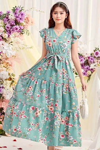 Sky green floral print georgette tiered maxi dress