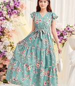 Sky green floral print georgette tiered maxi dress