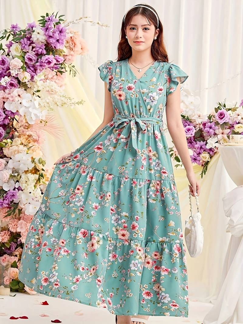 Sky green floral print georgette tiered maxi dress