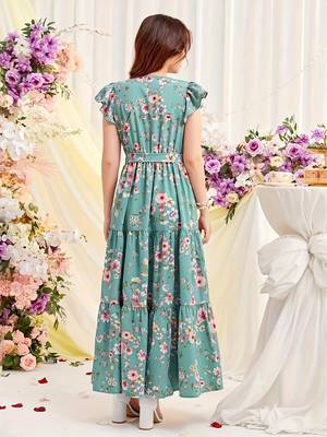 Sky green floral print georgette tiered maxi dress 2