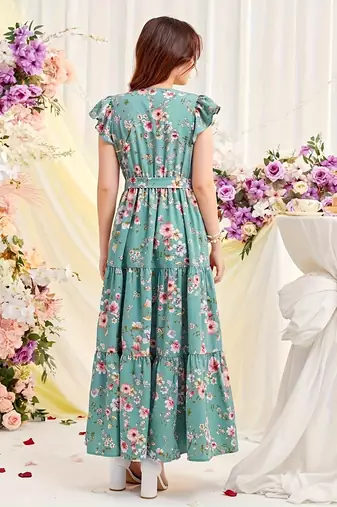 Sky green floral print georgette tiered maxi dress