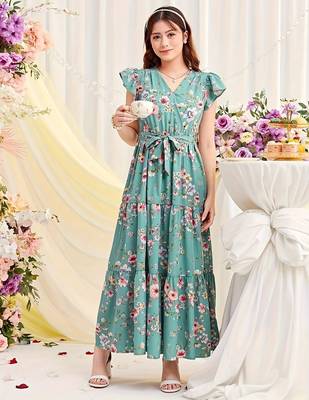 Sky green floral print georgette tiered maxi dress 3