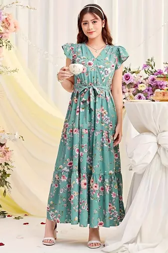 Sky green floral print georgette tiered maxi dress