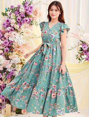 Sky green floral print georgette tiered maxi dress 4