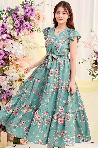 Sky green floral print georgette tiered maxi dress