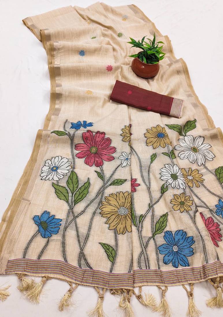 Off White Color Meenakari Zari  weawing border Work Cotton Saree