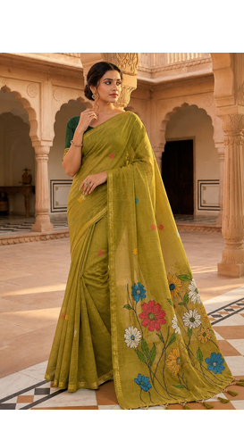 Olive Color Meenakari Zari  weawing border Work Cotton Saree 1