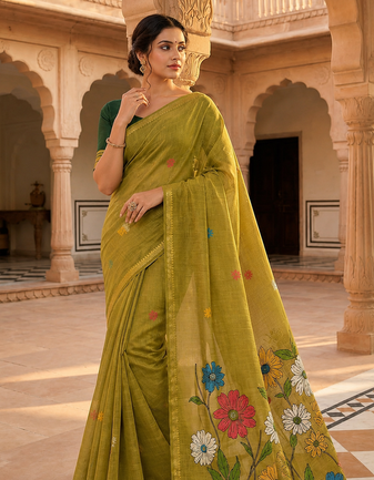 Olive Color Meenakari Zari  weawing border Work Cotton Saree