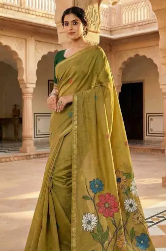 Olive Color Meenakari Zari  weawing border Work Cotton Saree