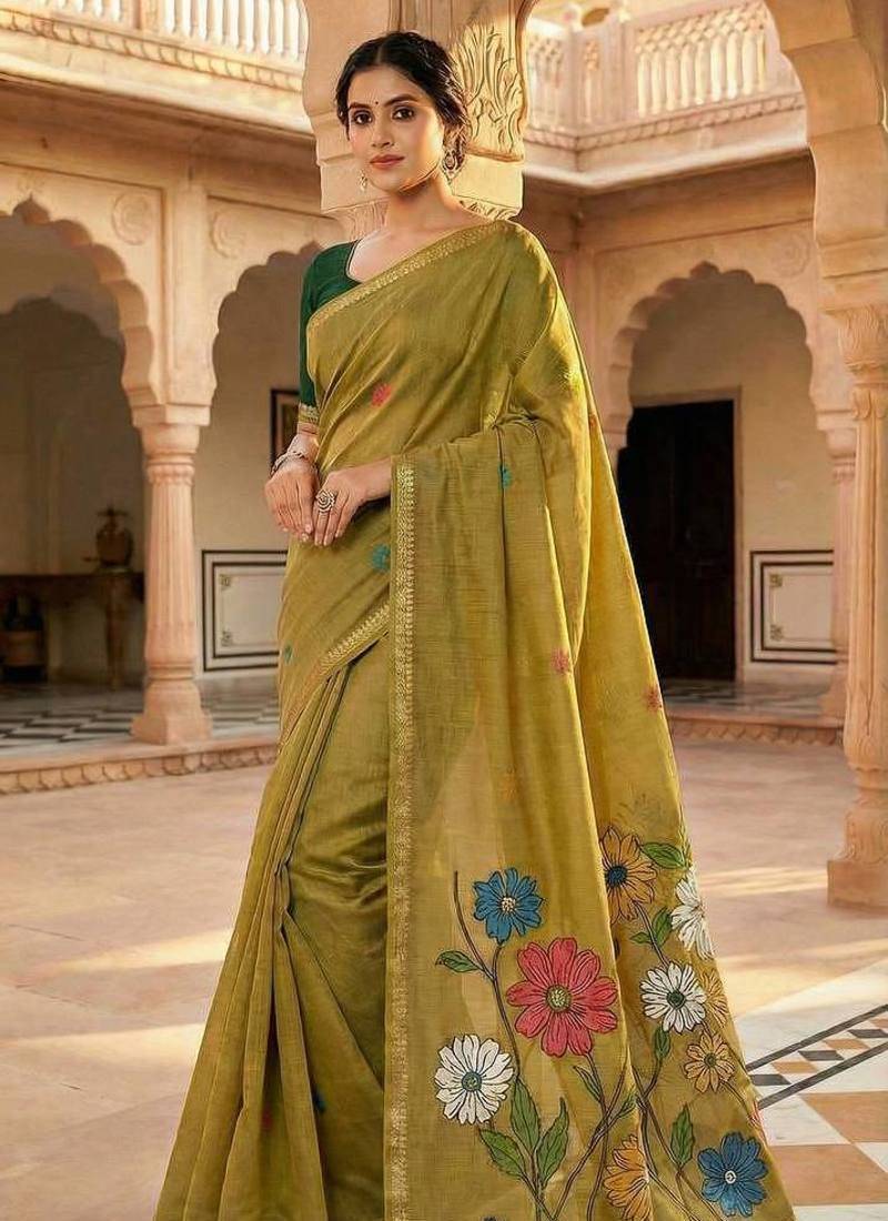 Olive Color Meenakari Zari  weawing border Work Cotton Saree