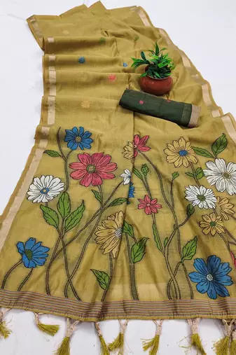 Olive Color Meenakari Zari  weawing border Work Cotton Saree