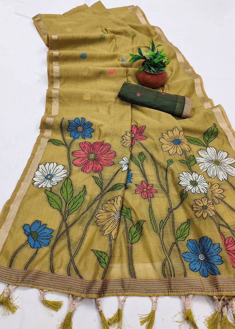 Olive Color Meenakari Zari  weawing border Work Cotton Saree