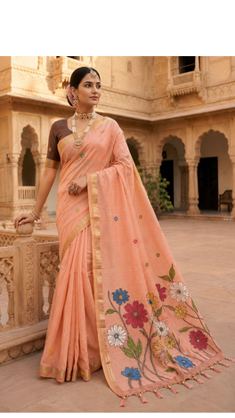Peach Color Meenakari Zari  weawing border Work Cotton Saree 1