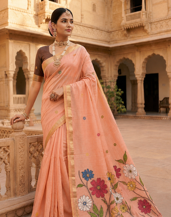 Peach Color Meenakari Zari  weawing border Work Cotton Saree