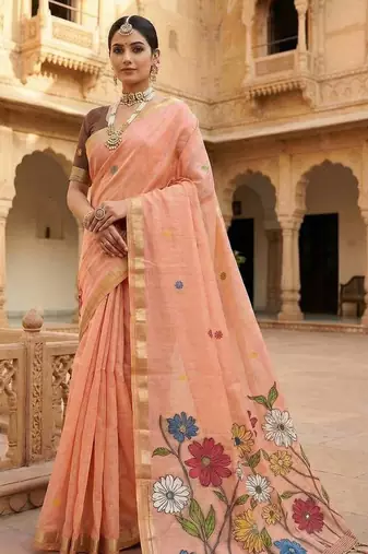 Peach Color Meenakari Zari  weawing border Work Cotton Saree